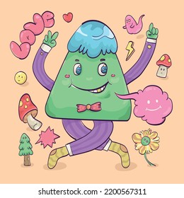 Hand drawn various and colorful cute triangle character illustration.  Mushroom, tree, flower and love.