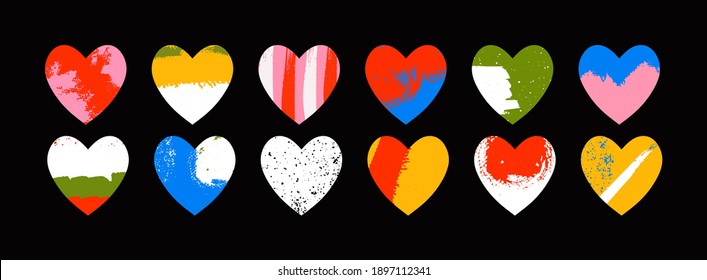 Hand drawn various colorful Hearts. Different Textures. Bright colors. Hand drawn trendy Vector illustration. Love, Romance, Valentine's Day concept. All elements are isolated