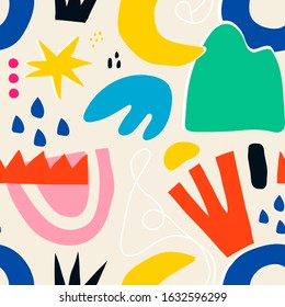 Hand drawn Various colorful shapes and doodle objects. Moon stars, rain drops. Abstract contemporary modern trendy vector illustration. Bright Seamless pattern. Wallpaper, Textile print