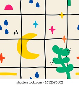 Hand drawn various colorful shapes and doodle objects. Moon stars, rain drops, leaves. Abstract contemporary modern trendy vector illustration. Seamless pattern. Wallpaper, textile print