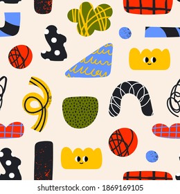 Hand drawn various colorful Shapes and doodle objects. Different textures. Abstract contemporary modern trendy Vector illustration. Square Seamless Pattern. Background, Wallpaper