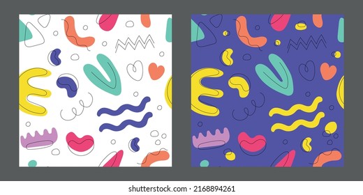 Hand drawn Various colorful shapes and doodle objects. Abstract contemporary modern trendy vector illustration. Bright Seamless pattern. Wallpaper, Textile print