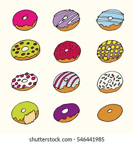 Hand drawn various colorful vector donuts set. Simple illustration, cafe desserts.