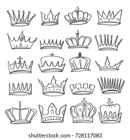 Hand drawn Various crowns set, vector illustration doodle style.