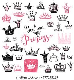 Hand drawn Various crowns set, vector illustration doodle cute style. 