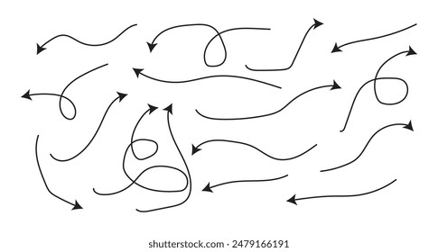 Hand drawn various curved lines and arrow curls. Drawing with a marker, different arrows in pen. Set of flat vector icons. Outline direction signs. Graffiti