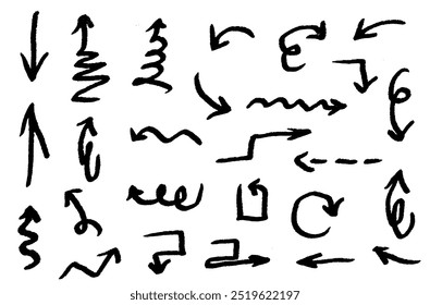 Hand drawn various curved lines and arrow curls. Drawing with a marker, different arrows in pencil. Set of vector icons. Outline direction signs.