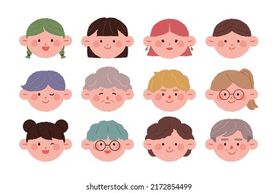 Hand drawn various cute character faces icons. Face flat vector illustration collection.