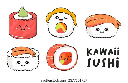 Hand Drawn Various Cute Kawaii Sushi, Rolls, Sashimi Character Japanese Foods Illustration