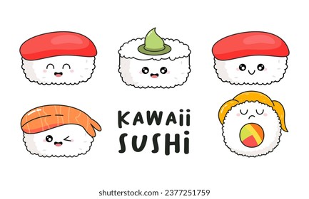 Hand Drawn Various Cute Kawaii Sushi, Rolls, Sashimi Character Japanese Foods Illustration