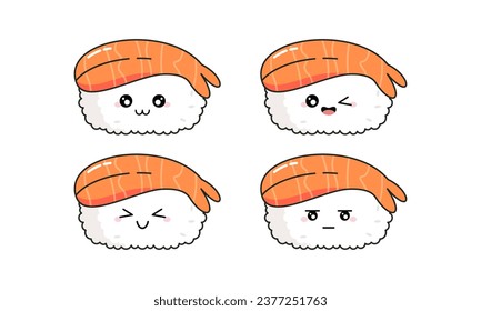 Hand Drawn Various Cute Kawaii Sushi, Rolls, Sashimi Character Japanese Foods Illustration