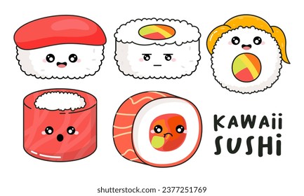 Hand Drawn Various Cute Kawaii Sushi, Rolls, Sashimi Character Japanese Foods Illustration