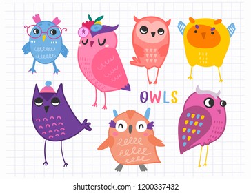 Hand drawn various cute owls. Colored vector set. All elements are isolated 