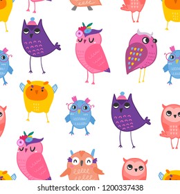 Hand drawn various cute owls. Colored vector seamless pattern