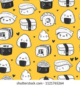 Hand drawn various cute sushi. Black and white elements. Vector seamless pattern. Yellow background