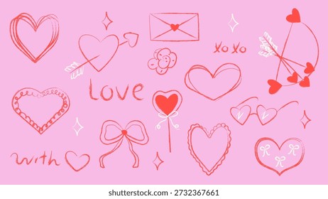 Dibujado a mano varios decorativos crayón conjunto de pegatinas. Lindos Elementos de amor para el día de San Valentín. Ilustración vectorial plana.