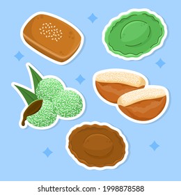 Hand drawn of various delicious traditional Indonesia snacks roti bantal goreng, kue cucur, klepon, kue pancong sticker set collection