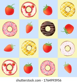 Hand drawn various donuts. Fruit strawberry donut vector illustration on seamless plaid background, top view sweets, menu design coffee shop elements. Flat style, delivery box, packaging