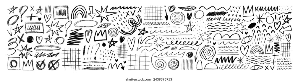 Hand drawn various doodle shapes, pencil arrows, stars, hearts and crown. Charcoal pencil scribble lines for hand drawn diagrams, collages, design. Charcoal or crayon vector childish drawing.