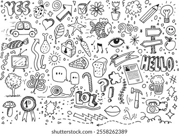 Hand drawn various doodles, vector illustration on white background
