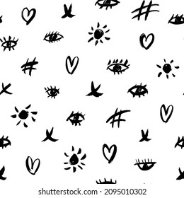Hand drawn various eyes, hashtags, heart symbols. Seamless pattern with vector doodle element. Modern hand drawn background in memphis style. Black and white ornament with feminine icons.