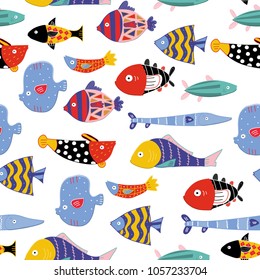 Hand drawn various fish. Colored vector seamless pattern