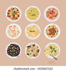 Hand drawn various flavors of spaghetti illustration vector, macaroni noodles, cuttlefish noodles, seafood noodles....
