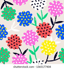 Hand drawn various flowers. Abstract contemporary seamless pattern. Modern trendy vector illustration. Bright neon colors. Perfect for textile prints