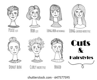 Hand drawn various hairstyles. Graphic vector set