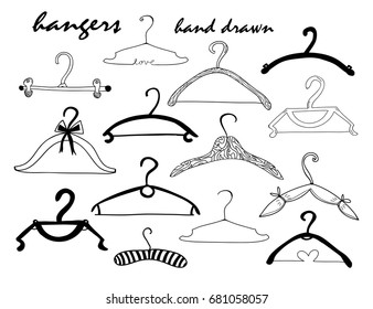 Hand drawn various hangers. Graphic vector set. All elements are isolated