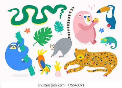 Hand drawn various jungle animals in unique trendy style. Colored vector set. Every animal is isolated