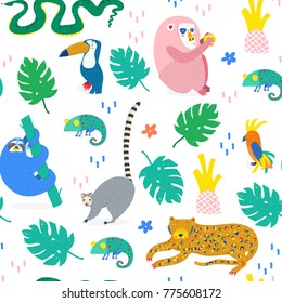 Hand Drawn Various Jungle Animals In Unique Trendy Style. Colored Vector Seamless Pattern