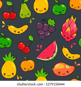 Hand drawn various kawaii fruits. Colored vector seamless pattern. Dark background
