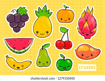 Hand drawn various kawaii fruits. Colored vector sticker set. Checked yellow background. All elements are isolated