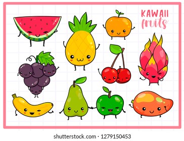 Hand drawn various kawaii fruits. Colored vector set. Checked background. All elements are isolated