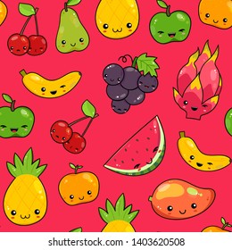 Hand drawn various kawaii fruits. Trendy illustration. Flat design. Cartoon style. Colored vector seamless pattern. Red background