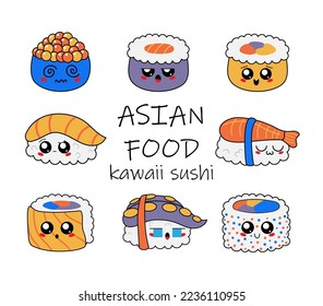 Hand drawn various kawaii sushi. Color vector set. Asian food