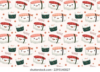 Hand drawn various kawaii sushi. Cute colored vector seamless pattern.Vector illustration