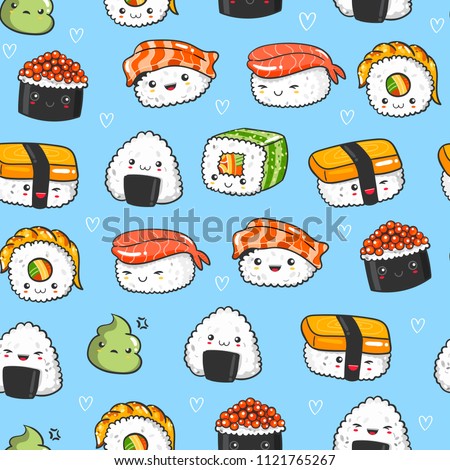 Hand drawn various kawaii sushi. Colored vector seamless pattern. Blue background