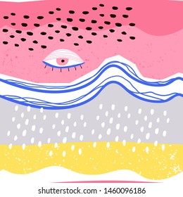 Hand drawn various lines, spots, dots, curves and eye. Bright colors. Abstract contemporary seamless pattern. Modern patchwork illustration in vector