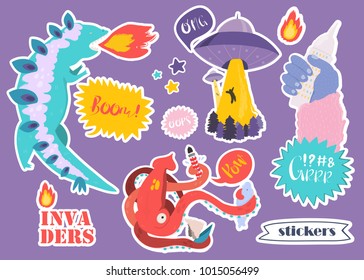 Hand drawn various monsters and space invaders. Colored vector set of trendy stickers. All elements are isolated