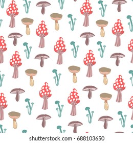 Hand drawn various mushrooms. Colored graphic vector seamless pattern