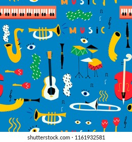 Hand drawn various musical instruments. Mid century style. Colored vector seamless pattern. Blue background