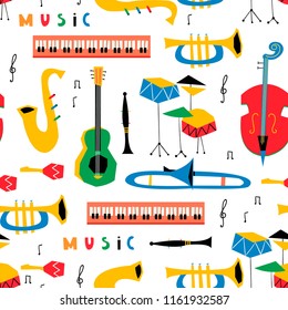 Hand drawn various musical instruments. Mid century style. Colored vector seamless pattern