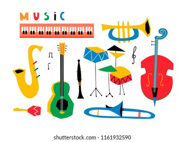 Hand drawn various musical instruments. Mid century style. Colored vector set. All elements are isolated
