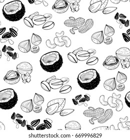 Hand drawn various nuts and seed. Graphic vector seamless pattern