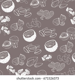 Hand drawn various nuts and seed. Graphic vector seamless pattern. White elements, brown background.