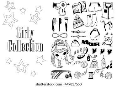 Hand drawn various object on a paper. Set of doodle tools of the hairdresser. Good for coloring book. Vector set of fashionable clothes, lingerie and accessories for women on white background.