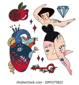 Hand drawn various objects. Traditional tattoo style. Colored vector set. All elements are isolated