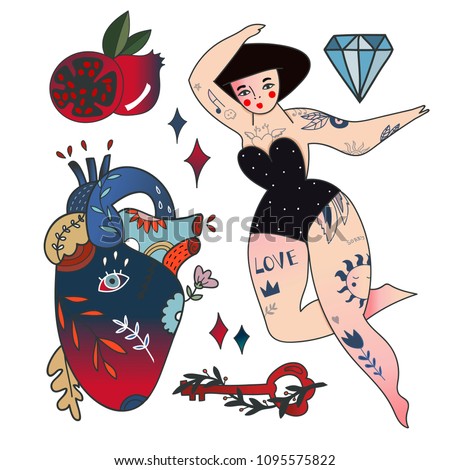 Hand drawn various objects. Traditional tattoo style. Colored vector set. All elements are isolated